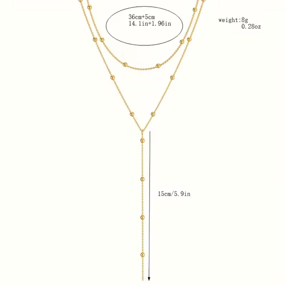 Silver Beaded Double Layer Y-Drop Necklace Chain Feminine Dainty Station Adjstbl - Picture 2 of 2